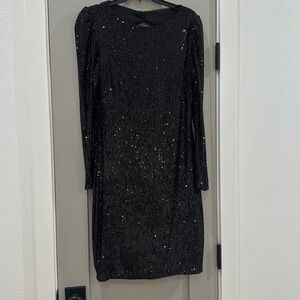 Xscape black sequin party dress with peak-a-boo back